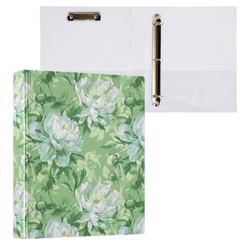 Grüne und weiße Pfingstrosen-Blumen, 3,8 cm, dekorativer D-Ringordner mit Klemmbrett und 3 transparenten Taschen, hält 200 Blatt A4-Papier, wasserdichte Ordner für Schule, Zuhause, Büro von Fustylead