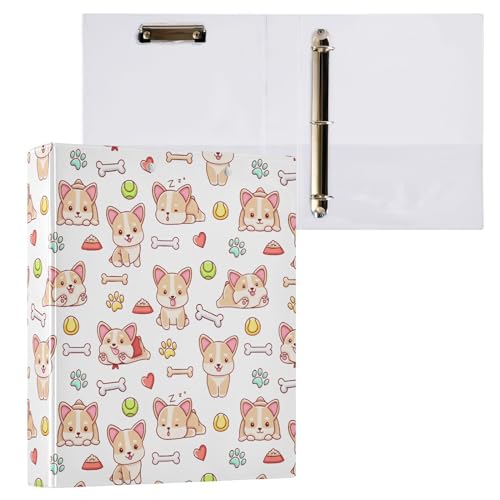 Niedliches handgezeichnetes Corgi-Hunde- und Herzen-Ringbuch mit 3 Ringen, 3,8 cm, dekorativer D-Ringordner mit Klemmbrett und 3 transparenten Taschen, für 200 Blatt A4-Papierordner für Schule, von Fustylead