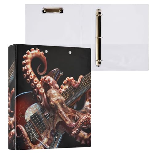 Oktopus Spielende Gitarre Lustiges Meerestier 3-Ringbuch 3,8 cm dekorativer D-Ringordner mit Klemmbrett und 3 transparenten Taschen, hält 200 Blatt A4-Papier, wasserdichte Ordner für Schule, Zuhause, von Fustylead