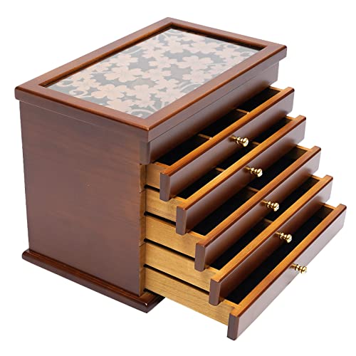 Futchoy Schmuckschatulle Holz Groß Schmuckkästchen 6 Ebenen Schmuck-Organizer mit 5 Herausziehbaren Schubladen-31x20x24.5cm - Braun von Futchoy