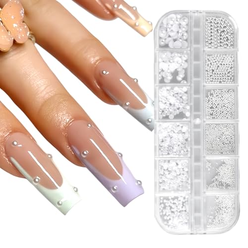 1Schachtel/12Raster Nail Art Strasssteine für Nägel Flatback Perlen, Weiß Flache Rückseite Halbrunde Perlen, Nail Charms Klein Halbrunde Perlenkugeln für Frauen Acryl Dekorationen Design von Futuhada