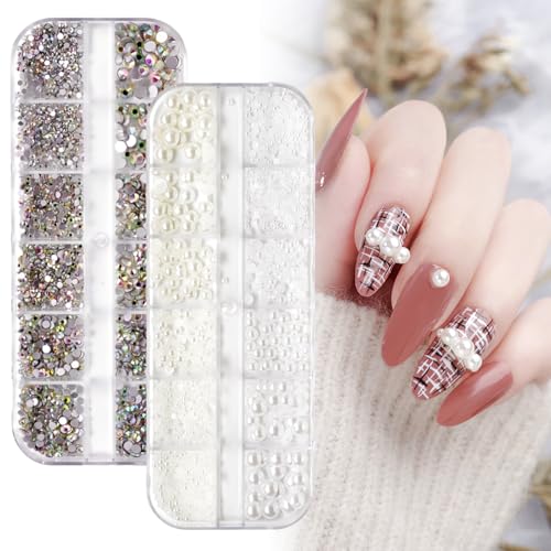 2 Boxen Nägel Strasssteine Set, AB Kristall Strasssteine Und Nail Halbrunde Perlen, Flache Rückseite Strasssteine, Viele Größen Nagel Glitzersteine zum Basteln, DIY, Nagelkunst von Futuhada