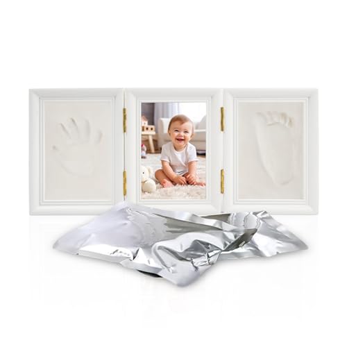 Baby Handabdruck und Fußabdruck Kit, Holz Baby Bilderrahmen Abdruckset, Weiß Baby Hand und Fuß Abdruck Bilder Set mit Rahmen, Baby Fussabdruck Fotorahmen Andenken Set für Neugeborene Baby Geschenk von Futuhada