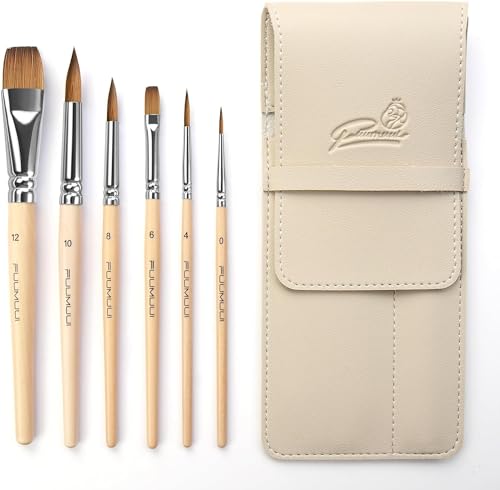 Aquarellpinsel Set - 6er Professionell Rotmarder Reisepinsel mit Ledertasche für Aquarell,Wasserfarben | Hoher Farbtragekapazitat & Exzellenter Sprungkraft | Künstlerpinsel Rund,Flach, Echthaar Pinsel von Fuumuui