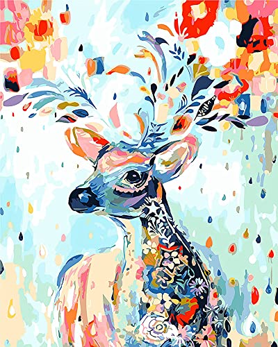 Fuumuui Malen Nach Zahlen Erwachsene und Kinder Anfänger Gemälde inklusive Pinsel und Acrylfarben 40 x 50 cm - Tiere, Blume Hirsch von Fuumuui