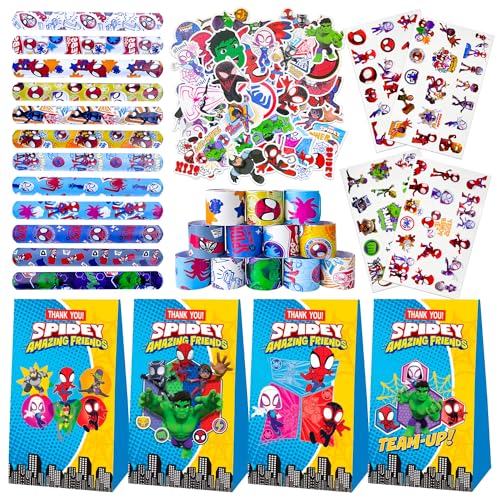 Spidey and His Amazing Friends Party Favours 12 Gift Bags with 50 Label Stickers, 12 Snap Bracelets and 4 Tattoo Stickers Give Aways Children's Birthday Deko von Fuvgxrap