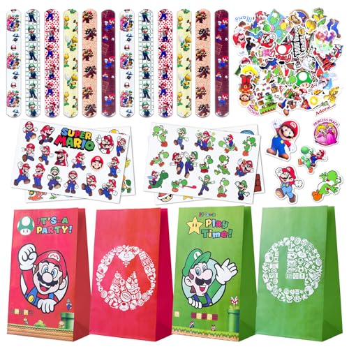 Super Bros Party Favours 12 Gift Bags with 50 Label Stickers, 12 Snap Bracelets and 4 Tattoo Stickers Give Aways Children's Birthday Deko von Fuvgxrap