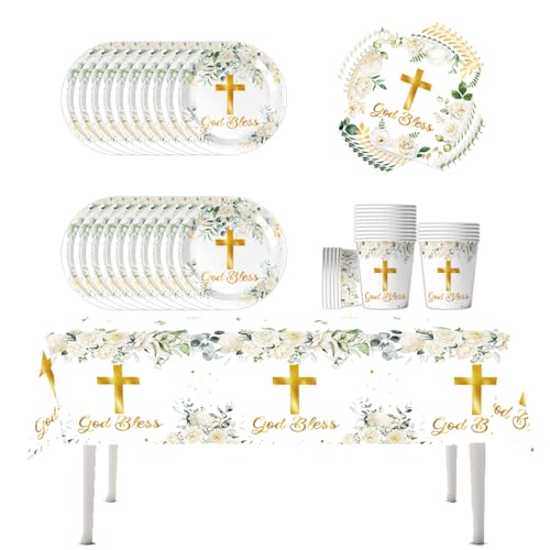 Fuwraixis 61 Stück Floral Kruzifix Geschirr, Baby Kommunion Taufe Party Geschirr, Mädchen Kinder Thema Party Supplies Set, geeignet für Jubiläum Feier, für 20 Personen von Fuwraixis