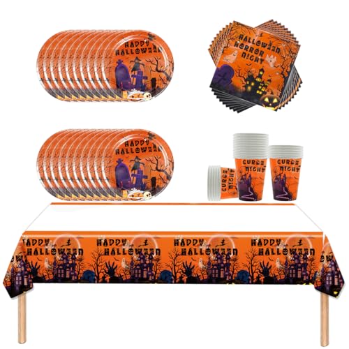 Fuwraixis 61 Stück Halloween Themengeschirr Kinderparty Dekoration Geschirr Set enthält Servietten Tischdecken Papier Servietten Papier Teller für 20 Gäste von Fuwraixis