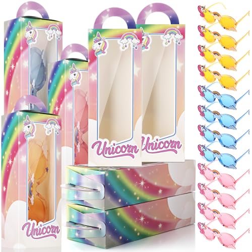 Fuyoooo 24 Stück Einhorn-Partygeschenkboxen, Puppen-Geschenkboxen, inklusive 12 Einhorn-Leckerei-Boxen, 12 Sonnenbrillen-Geschenkboxen für Geburtstagsparty-Zubehör von Fuyoooo