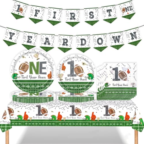 First Year Down Banner Pappteller und Servietten Tischdecke Geschirr Set für Fußball Geburtstag Party Dekorationen 1. Jahr Down Birthday Party Decor von Fxozru