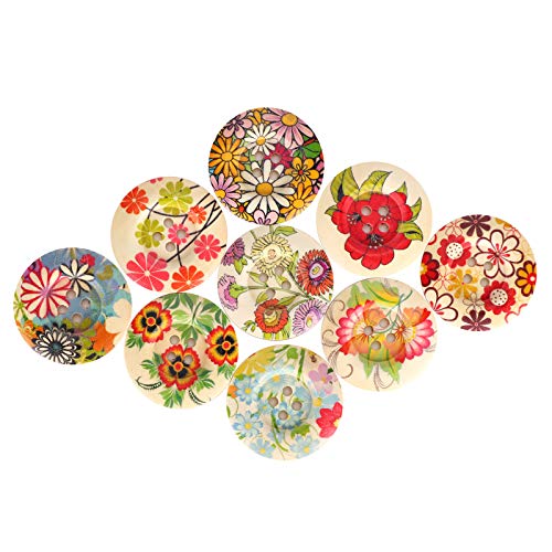100 Stück hölzerne Nähknöpfe, schöne Blumenrundknöpfe mit 4 Löchern, Dekorationsknöpfe für DIY Näharbeiten, Durchmesser 30 mm von Fydun