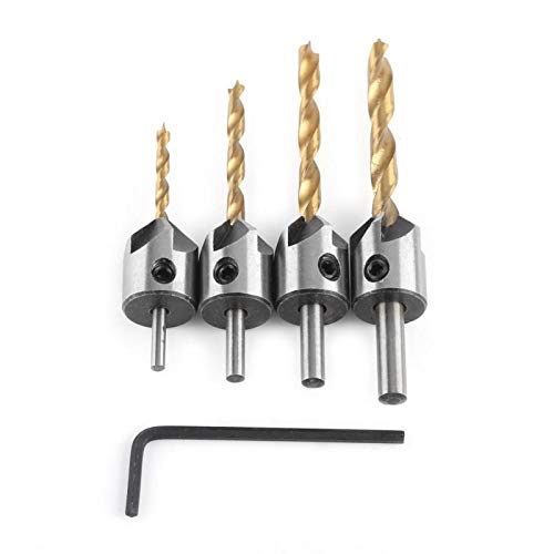 Bohrlochsatz, Fydun Titan Beschichtetes Senkbohrer HSS Zimmerei Reibahlen Kernbohrer Fasen Senkkopf Rundschaft Holzbearbeitungs Werkzeuge mit Inbusschlüssel (4 piece set + small wrench (3-6mm)) von Fydun