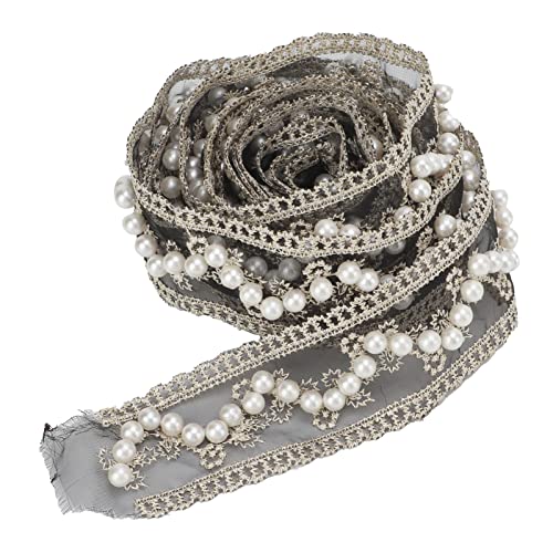 Fyearfly Schwarzes Spitzenband mit Perlen, 2 m, Vintage-Stil, bestickt, für Blumenmuster, Basteln von Fyearfly