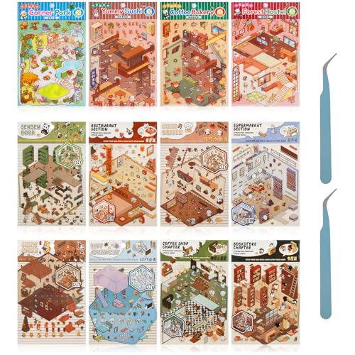 12 Sets DIY 3D House Stickers Fun DIY Stickers Scene mit 2 Pinzette Wiederverwendbar Buchhandlung Café Supermarkt Restaurant Bibliothek Sets DIY 3D House Stickers für Kinder Erwachsene (12PCS B) von Fyeme