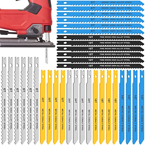 34Pcs Stichsägeblätter Set 6/8/10/14/18/24/32 TPI Sägeblätter Stichsäge mit Werkzeugtasche Kohlenstoffstahl Stichsägeblatt Lang zum Schneiden von Buntmetallen Holz Kunststoffen von Fyeme