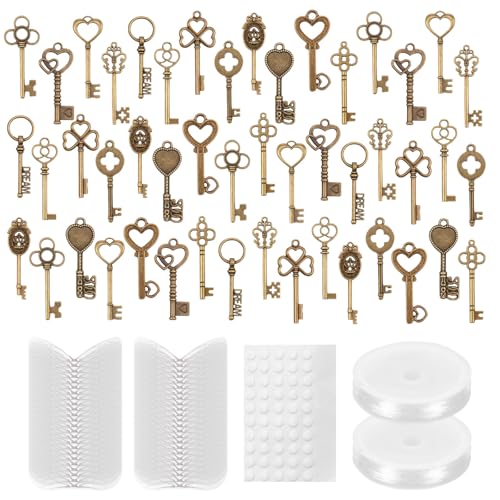 Fyeme 48/60pcs Vintage Skeleton Keys DIY Flying Keys Charms mit Libellenfly -Flügeln und Kristallschnur Metallschlüssel Anhänger Dekorative Flugschlüssel für Schmuck Erzeugung handwerkliche Dekoration von Fyeme