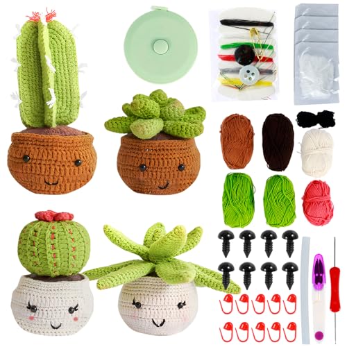 Fyeme Crochet Häkelset Häkelset Kaktus 4 Stück Häkelset für Anfänger Anfänger-Häkel-Starter-Kit mit Häkelnadeln Garn Anleitung und Video Kreativ Basteln Stricken Häckeln Set für Erwachsene Kinder von Fyeme