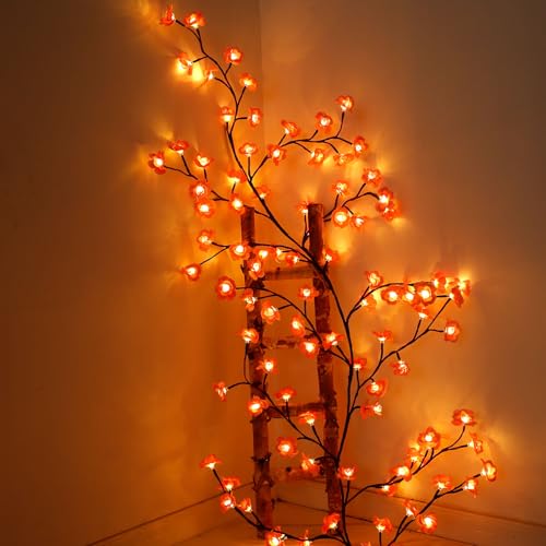 Kirschblütenbaum LED mit Fernbedienung 1.2M Kirschblüten Deko 8 Blitzmodi Timing Funktion Biegbar Lichterkette Wand für Innendekorationsleuchten Feiertagsdekoration Weihnachtsdekoration (48 LED) von Fyeme