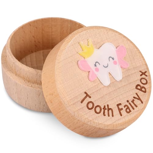 Zahndose Milchzähne für Mädchen Jungen 4.8x3.5cm Milchzahndose Holz Farbdruckdesign Zahnbox für Milchzähne Geschenk für Frischgebackene Eltern Neugeborenes (Fee) von Fyeme