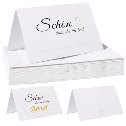 Fyshird 50 Stück Tischkarten Geburtstag Schön, Dass Du Da Bist! mit Herz - Platzkarten Hochzeitsdeko Tisch Namenskarten zum Beschriften Tischdeko für Hochzeit Konfirmation Kommunion - 11 * 8.5cm von Fyshird