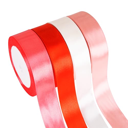 Fyshird Geschenkband Rot 25mm*22m Satinband 4 Farben Schleifenband Weihnachten Polyester Bänder zum Basteln Dekoband Rosa für Geschenkverpackung DIY Luftballons Geburtstag Hochzeit (Rote Serie) von Fyshird