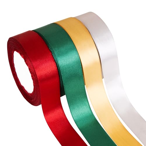 Fyshird Geschenkband Weihnachten 25mm*22m Satinband Schleifenband Polyester Bänder zum Basteln Dekoband für Luftballons Hochzeit Deko Geschenkverpackung Geburtstag DIY (Gold, Rot, Grün, Silber) von Fyshird