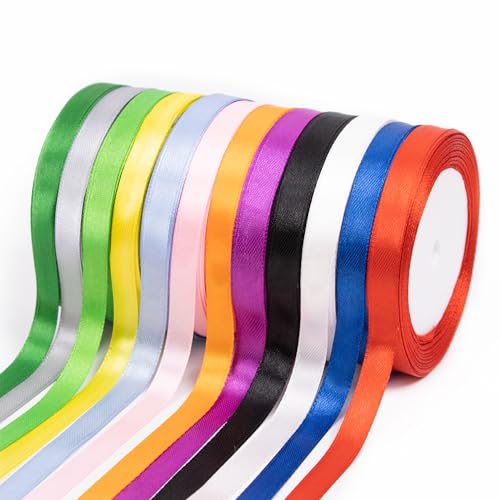 Fyshird Satinband 12 Farben Geschenkband 10mm x 22m Schleifenband Polyester Bänder zum Basteln Dekoband für Luftballons Hochzeit Deko Geschenkverpackung Geburtstag DIY(Bunt) von Fyshird