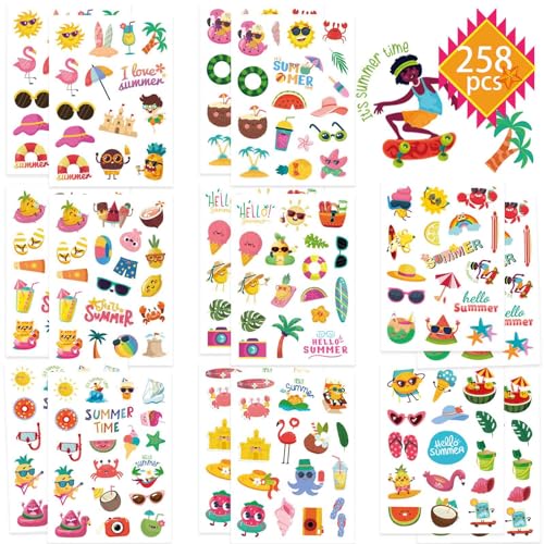 Fyvadio 262 PCS Sommer Aufkleber für Kinder, Strand Ozean Tauchen Aufkleber für Wasserflaschen, Wassermelone Eis Kinder Urlaub Hawaii Aufkleber Bulks Handwerk Schule Lehrer Klassenzimmer Party Favors von Fyvadio