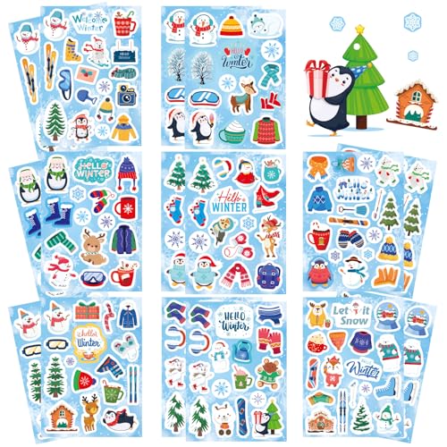 Winter Aufkleber für Kinder, Fyvadio 262pcs Winterurlaub Aufkleber mit Skifahren Elch Schneemann Weihnachtsbaum Pinguin, Hallo Winter Schneeflocke Aufkleber Dekor für Umschläge Karten Scrapbooking von Fyvadio