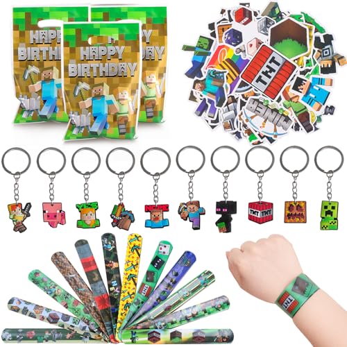 Fzyisw 82 Stück Miner Videospiel Party Mitgebsel 10 Spiel Schlüsselanhänger + 12 Spiel Armband + 50 Spiel Sticker + 10 Spiel Partytüten, Gamer Party Mitgebsel Kindergeburtstag für Kinder von Fzyisw