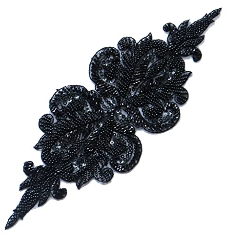 G-RUI DIY Luxus Perlenstickerei Spitze Applikationen für Hochzeitskleider Strass Spitze Applikation Patches Stickerei Spitze Parches Ropa (11 x 31 cm schwarz) von G-RUI