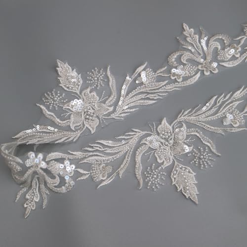 G-RUI P3402A Blumen-Pailletten, Perlenstickerei, Spitzenapplikationen für Hochzeitskleider, Spitzenborte, Applikationen, Aufnäher, Stickerei, Spitze, Parches Ropa (weiß), 2 m von G-RUI