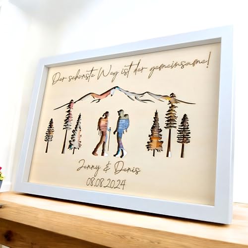 Geldgeschenk Hochzeit aus Holz Wanderer personalisiert - Einzigartiges dekoratives Hochzeitsgeschenk für Brautpaar oder Geschenk Freundin Geburtstag - Text und Hochzeitsdatum auswählbar - Bilderrahmen von G U T H E Lifestyle