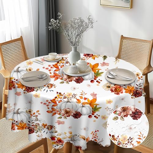 G-dake Runde Herbstliche Tischdecke 150cm Abwaschbar, Ahornblatt Kürbis Tischdecke Outdoor Rund, Wasserdichtes Polyester Tischdecken Rund für Draußen Küche, Esstisch, Parteien Herbst(150cm) von G-dake