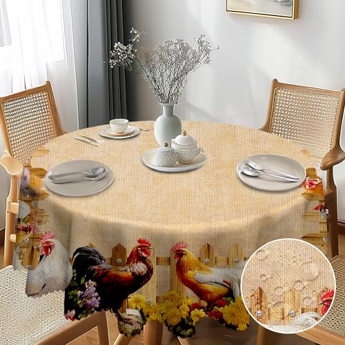 G-dake Tischdecke Outdoor Rund, Retro-Huhn Runde Tischdecke für Draußen Abwaschbar, Wasserdichtes Polyester Tischdecken Rund für Abendessen Küche, Esstisch, Parteien Herbst(150cm) von G-dake