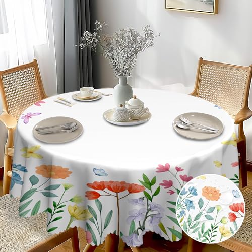 G-dake Tischdecke Rund 150 cm Abwaschbar, Wasserdicht Bunte Blumen Tischtuch Polyester Fleckschutz Garten Runde Tischdecken für Draußen Küche Party Deko（150cm） von G-dake