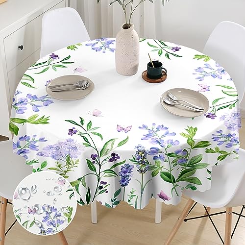 G-dake Tischdecke Rund 150 cm Abwaschbar, Wasserdicht Lila Lavendel & Schmetterling Tischtuch Polyester Fleckschutz Garten Runde Tischdecken für Draußen Küche Party Deko（150cm） von G-dake