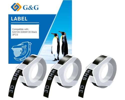 G&G Beschriftungsgerätetiketten, 3xSchwarze 3D Etiketten 9mm x 3m kompatibel mit GG-B90, Dymo Omega und Junior/ersetzt S0847730 Einfach zu verwenden für Haus, Büro,Schule von G&G