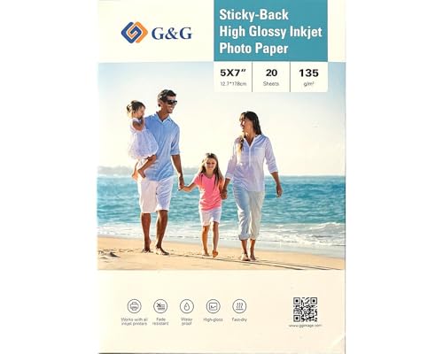 G&G Selbstklebendes Hochglanz-Fotopapier, 12,7 x 17,8 cm, 20 Blatt, 135 g/m², Wasserfest von G&G