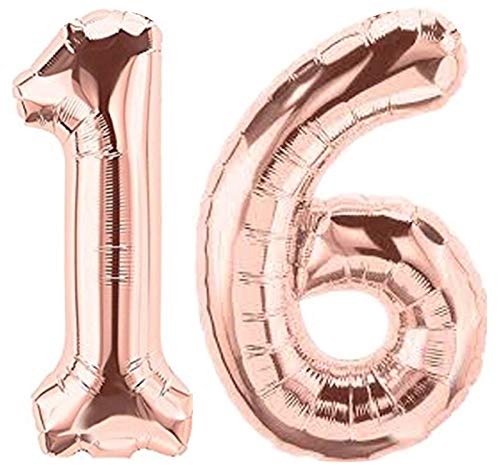 Folienballon Zahl 16 Rosa XL ca. 72 cm hoch - Zahlenballon/Luftballon rosegold für Geburtstagsparty, Jubiläum oder sonstige feierliche Anlässe (Nummer 16) von G&M