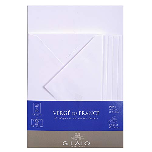 Lalo 61450L Korrespondenz Set Vergé de France (mit 5 Blatt DIN A5, 14,8 x 21 cm, 100 g, säurefrei, gerade Kante und 5 Umschläge, 11,4 x 16,2 cm, nassklebend und gefüttert) extraweiß von G. Lalo