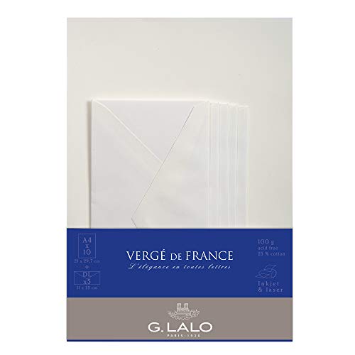 Lalo 62700L Korrespondenz Set Vergé de France (mit 5 Blatt DIN A4, 21 x 29,7 cm, 100 g, säurefrei, gerade Kante und 5 Umschläge, 11 x 22 cm, nassklebend und gefüttert) weiß von G. Lalo