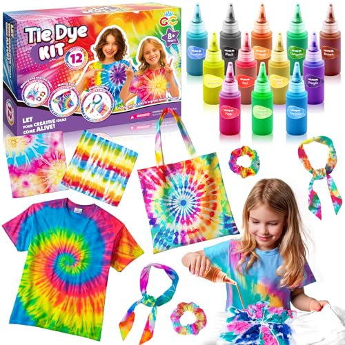 G.C Batikfarben Set Batik Set Kinder mit T-Shirt Stoffbeutel Kopftuch Tischdecken Haargummis 12 Tie Dye Farben Batik Färbemittel Textilien, Kreative Geschenke Tie Dye Bastelset für Kinder Erwachsene von G.C