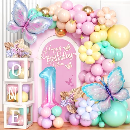 G.C Deko 1. Geburtstag Mädchen Schmetterlinge Luftballon Girlande Schmetterlinge Deko Geburtstag mit Ballon Girlande Ballonbox für Schmetterling Geburtstagsdeko Mädchen Baby Shower Party Deko von G.C