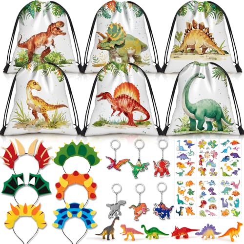 G.C Dinosaurier Mitgebsel Kindergeburtstag Dino Rucksäcke mit Kordelzug Dino Stirnband Schlüsselanhänger Tattoo Aufkleber Sticker Kordelzugbeutel Dino Party Geschenktüte Give Aways für Kinder Jungen von G.C