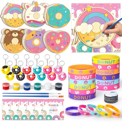 G.C Donut Party Mitgebsel Kindergeburtstag Gastgeschenke Donut Holz Bastelset Pigment Bürste Silikon Armbänder Schlüsselanhänger Donut Holz Basteln Kinder Donut Pinata Füllung Mädchen Party Give Aways von G.C