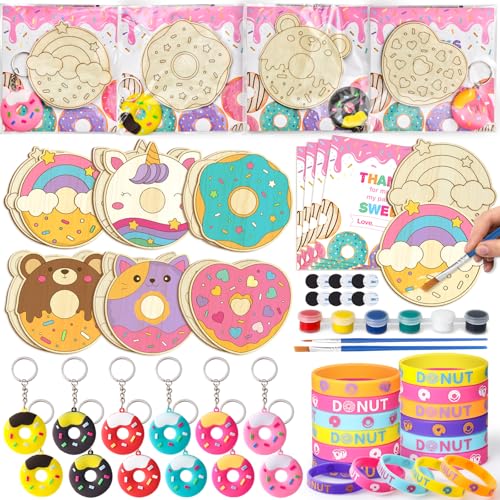 G.C Donut Party Mitgebsel Kindergeburtstag Gastgeschenke Donut Holz Bastelset Pigment Bürste Silikon Armbänder Schlüsselanhänger Donut Holz Basteln Kinder Donut Pinata Füllung Mädchen Party Give Aways von G.C