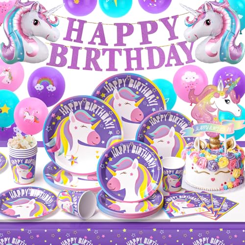 G.C Einhorn Partygeschirr Set für 10 Gäste Einhorn Geburtstagsdeko Mädchen mit Pappteller Servietten Becher Einhorn Folienballons Tischdecke Banner, Einhorn Kindergeburtstag Party Deko Zubehör von G.C