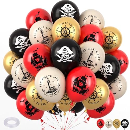 G.C 50 Stück Piraten Kindergeburtstag Luftballons, Pirat Geburtstagsdeko,Rot Gold Schwarz Beige Ballons mit Piratenschiff Und Totenkopfmuster, Piraten Party Deko Geburtstag Deko für Kinder Erwachsene von G.C